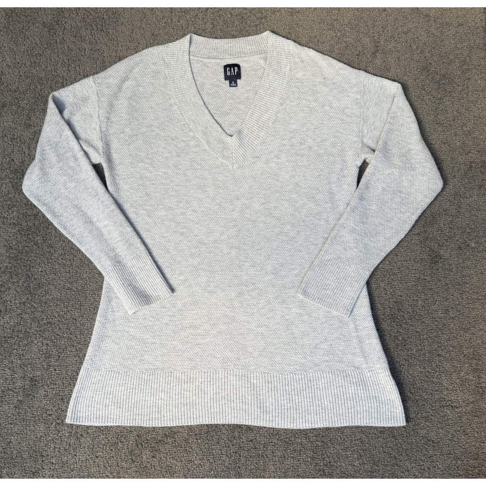 Gap Womens V Neck Textured Knit Sweater Light Gray Size S Relaxed Fit Pullover